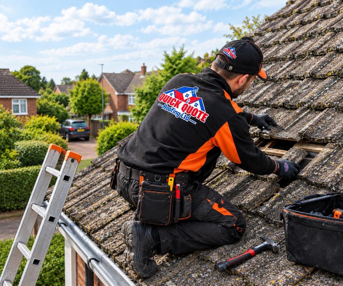 Roofer in black and orange work gear inspecting slate roof with ladder and suburban houses visible in background