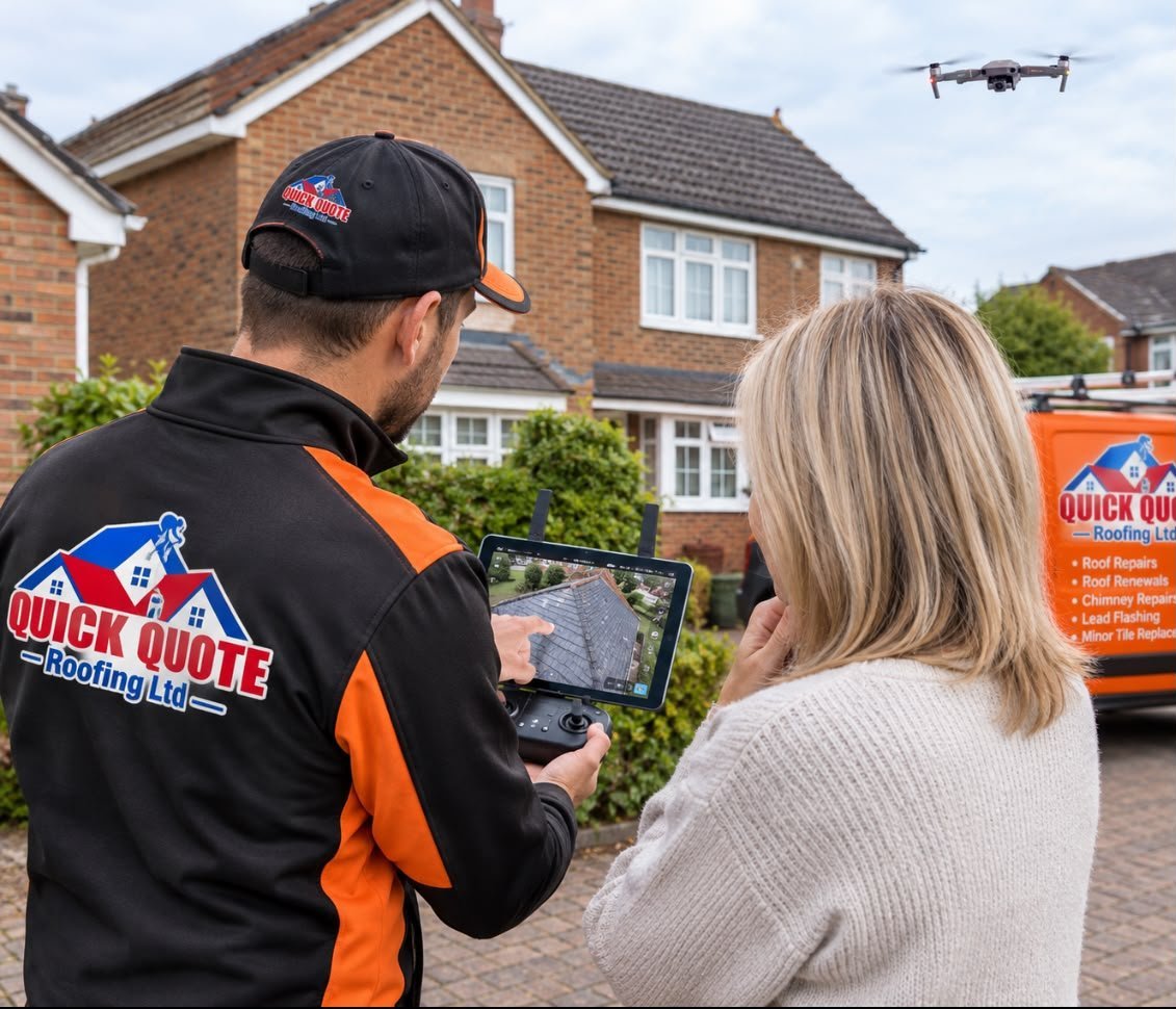 Technician in Quick Quote branded uniform operating a drone controller while inspecting a brick residential home with homeowner nearby